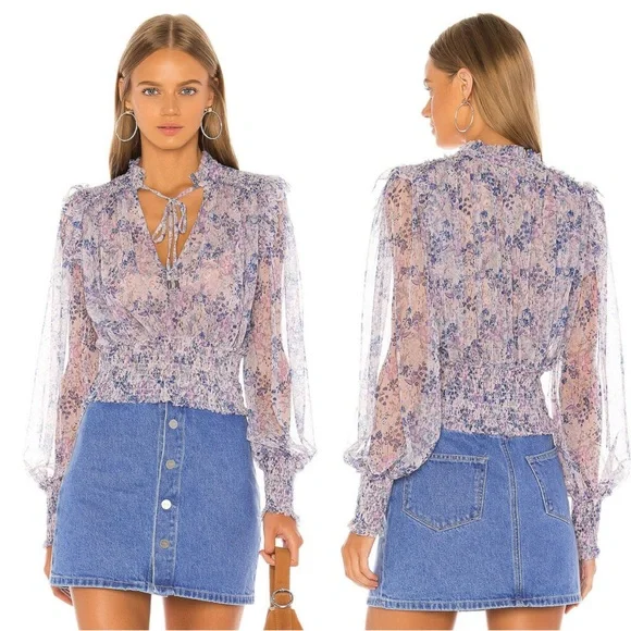 Free People Twyla Floral Smocked Blouse Sheer Boho Romantic Cottage Core Top - Picture 2 of 9